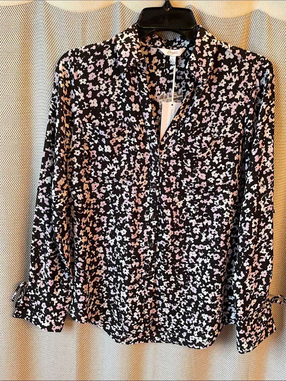Candie's Black Floral Button-Up Blouse with Pink & White Flowers